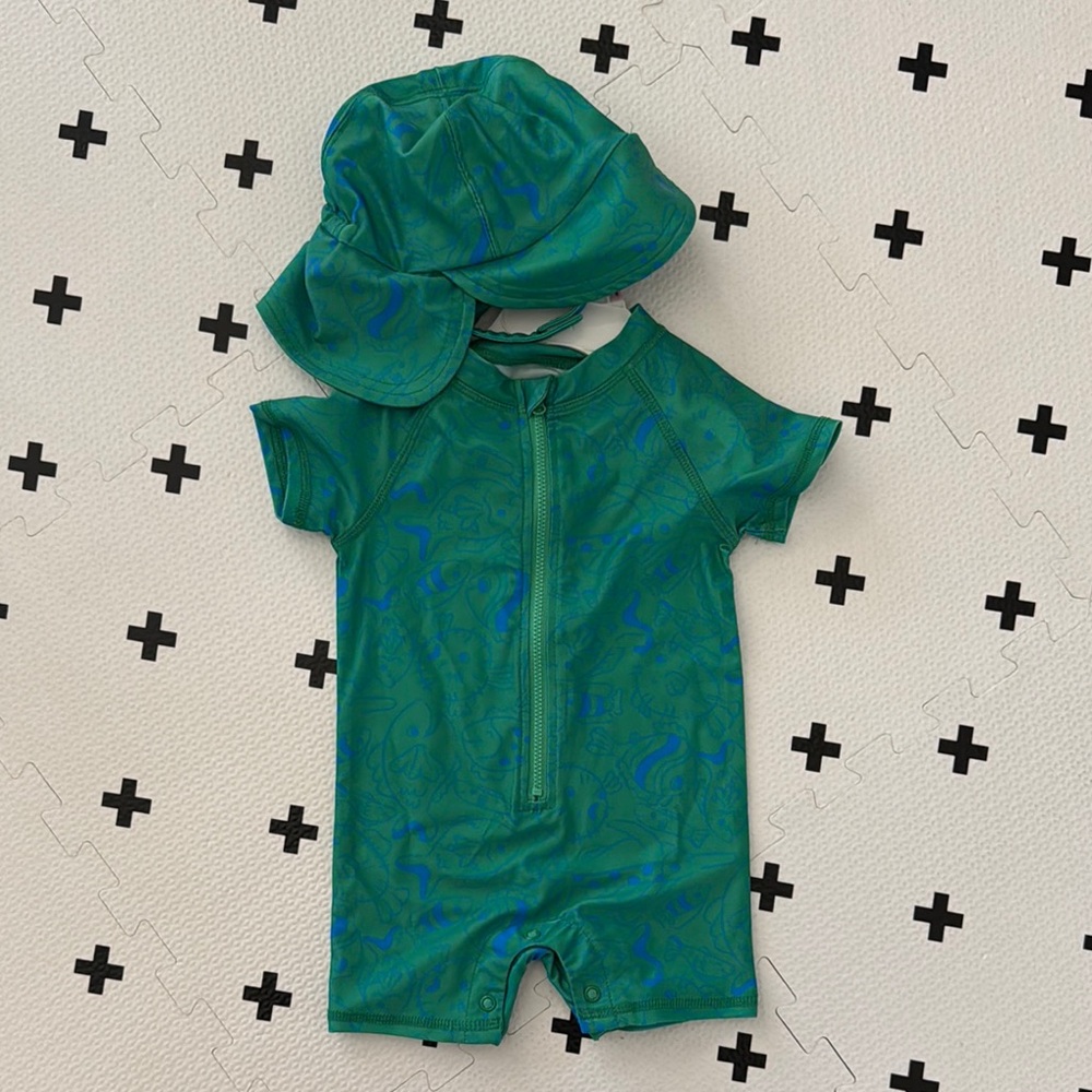First Impressions Teal and Blue swim romper rash guard with hat 6-9 months NWT